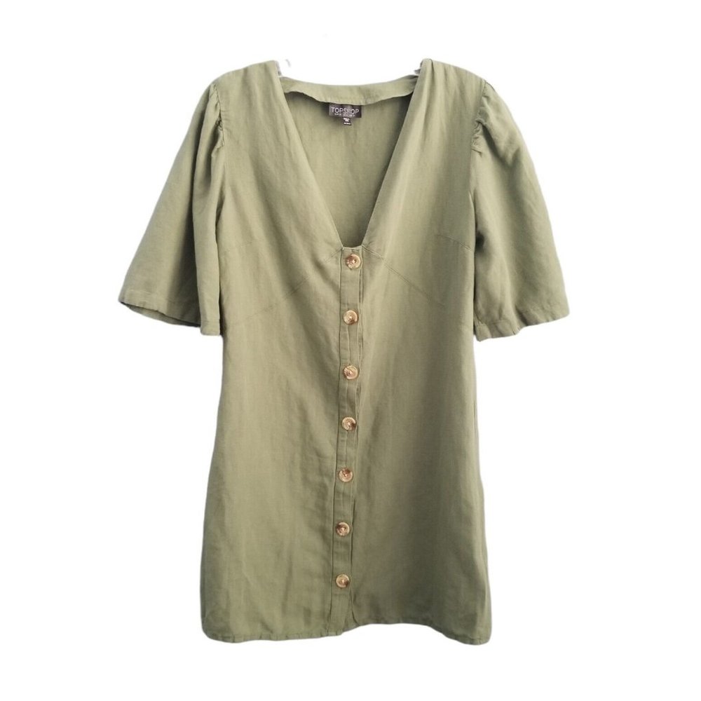 TOPSHOP WESTERN LINEN MINI DRESS WOMENS SIZE 6 BUTTON CLOSURE GREEN SHORT SLEEVE